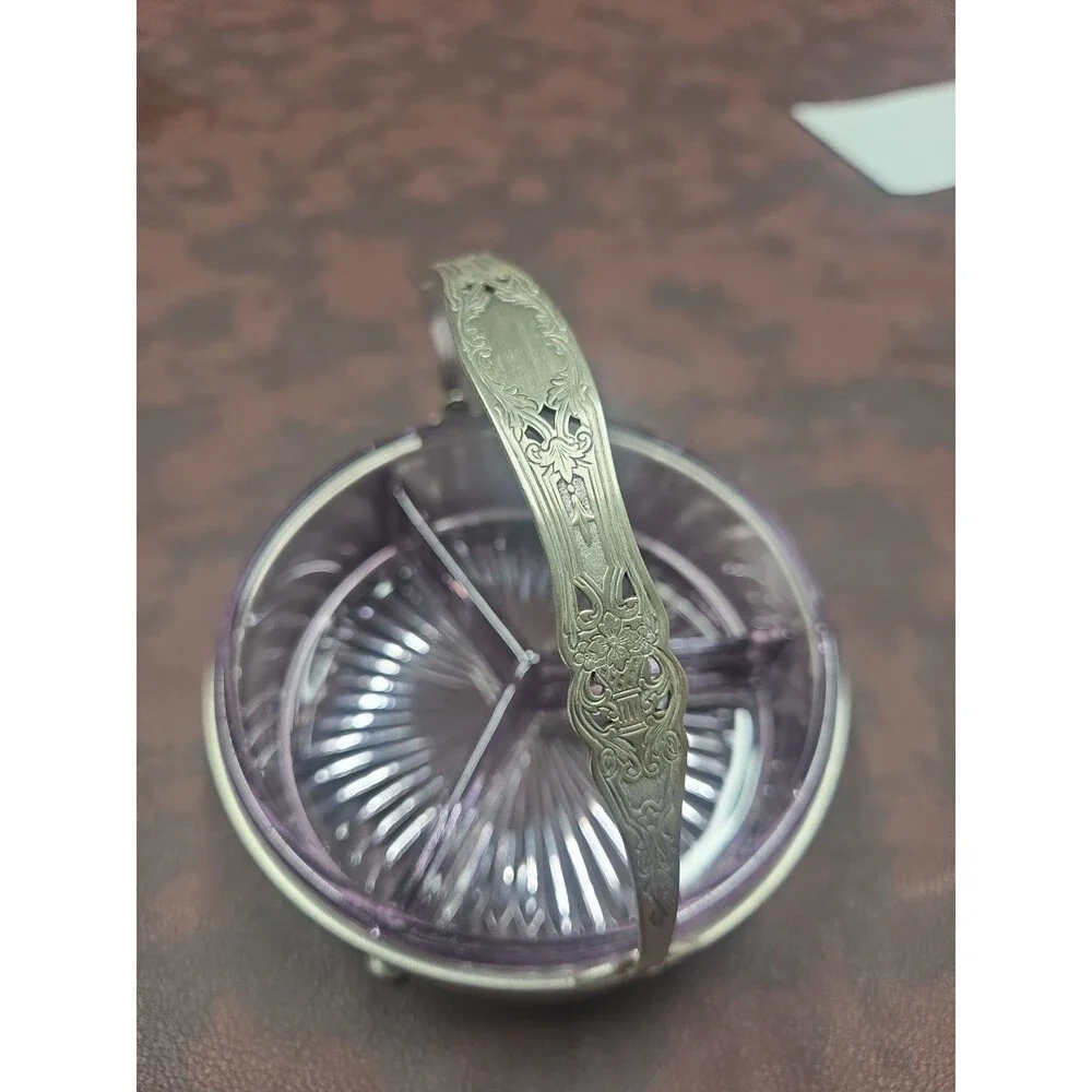 Vintage Farberware Pink Depression Glass Divided Relish Dish w/ Metal Caddy